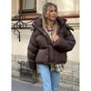 Женское осеннее короткое хлопковое пальто с капюшоном, повседневное, коричневое, со стойкой, с длинным рукавом, свободная куртка, шикарная женская зимняя верхняя одежда для офиса и поездок