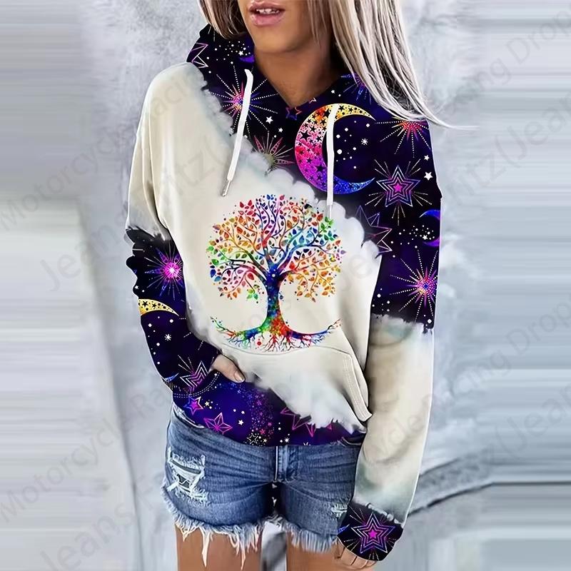 Moon Sun 3D Print Drawstring Hoodie Women Fashion Oversize Hoodies Women Sweats Long Sleeve Hooded Sweatshirt Women's Clothing