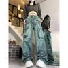 Women Blue Graffiti Cargo Jeans Baggy Vintage Korean Cowboy Pants Harajuku Denim Trouser 90s Aesthetic Y2k 2000s Trashy Clothes