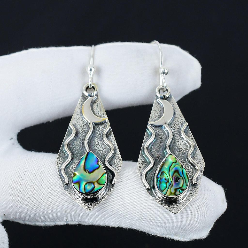 Natural Abalone Shell Gemstone Earrings, 925 Sterling Silver Earring, Handmade Boho Silver Jewelry Dangle Earrings, Birthday Gifts