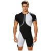 Men‘s Metallic Trim Color Block Swim Jumpsuit Short Sleeve Thigh Length Bodysuit with Back Hidden Zipper for Swimming Training