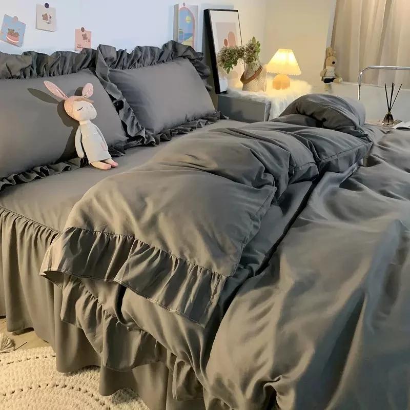 Комплект постельного белья Ins Princess Style для женщин, милых девочек, однотонные оборки, пододеяльник, простыня размера Queen King, юбка, наволочки