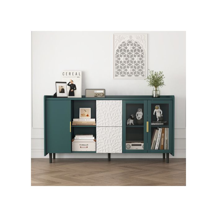 Meuble de rangement de 55 pouces comprenant deux tiroirs, deux compartiments ouverts et deux portes vitrées, vert.