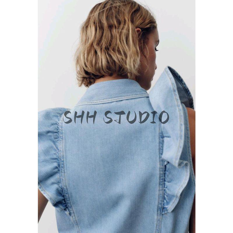 Summer New Women Clothes Simple Style Single-Breasted Sleeveless Lapel Laminated Decoration Demin Shirt 9942155