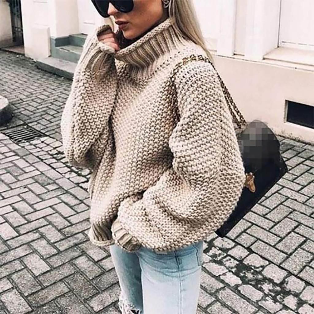 Women's Casual Oversize Chunky Knit Pullove Long Sleeve Elegant High-Neck  Vintage Chunky  Winter Pullove Sweater