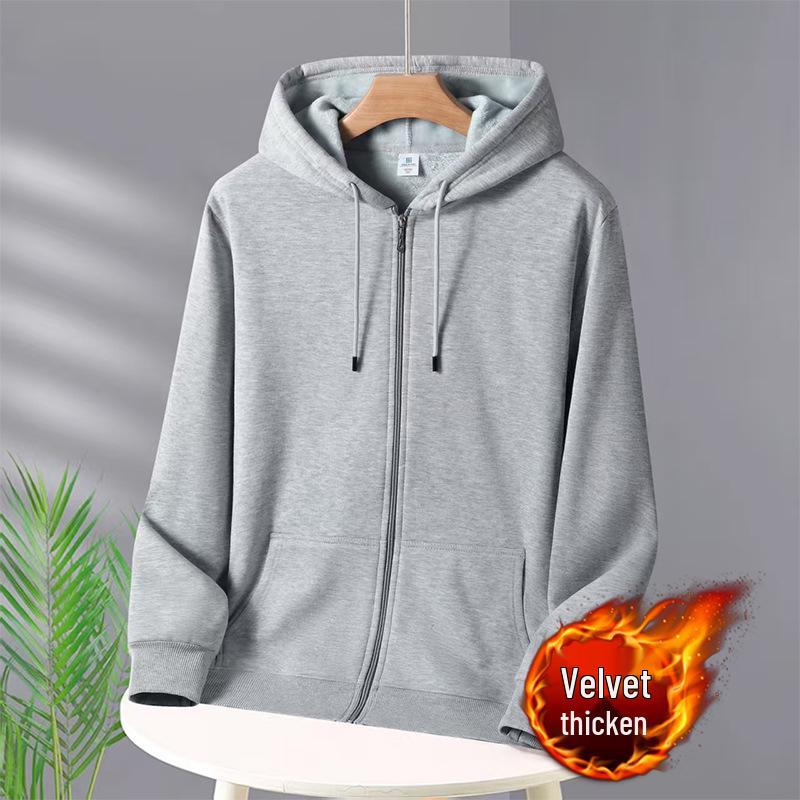 Унисекс Плотная хлопковая толстовка на молнии Кардиган - Однотонная, Осенне-зимний стиль.
