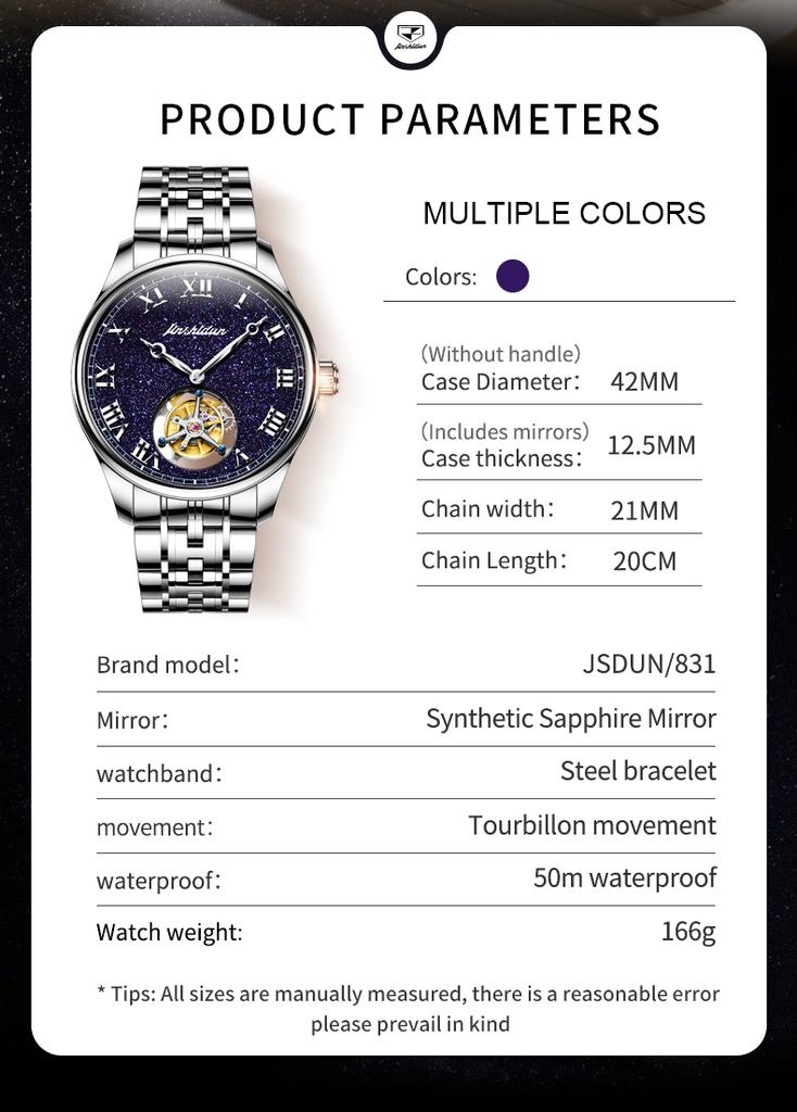 JINSHIDUN Real Tourbillon Men's Watches Limited-edition Automatic Mechanical Watch for Men Luxury Fashion Starry Sky Man Watch