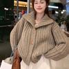 Модные пуговицы из коровьего рога, винтажный вязаный свитер, куртка женская, осенний воротник-стойка, свободные мягкие теплые кардиганы, женский элегантный однотонный зимний кардиган 25527
