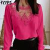 Женские модные повседневные летние весенние однотонные блузки и рубашки с круглым вырезом и длинными рукавами с кружевным принтом