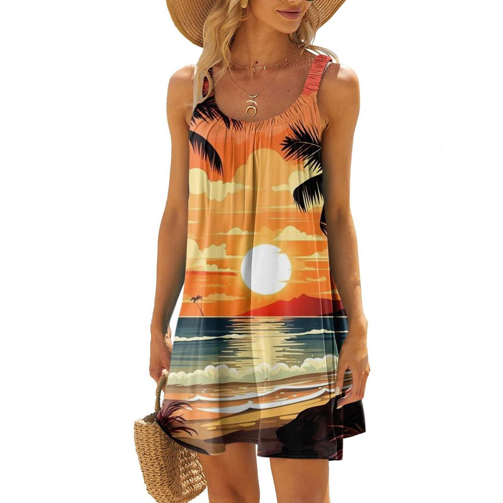 Женское модное летнее пляжное повседневное милое платье на бретельках без рукавов с принтом