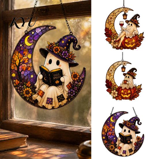 Fun Patio Accessories 2D Ghost Moon Pumpkin Acrylic Suncatcher, Halloween Window Farmhouse Exterior Ornament Hanging Ornament, Autumn Thanksgiving