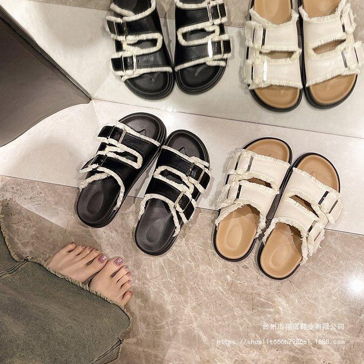 Летний новый продукт плоская подошва нескользящие круглый носок открытый носок женские плоская подошва нескользящие крутые тапочки однотонные женские туфли черный бежевый