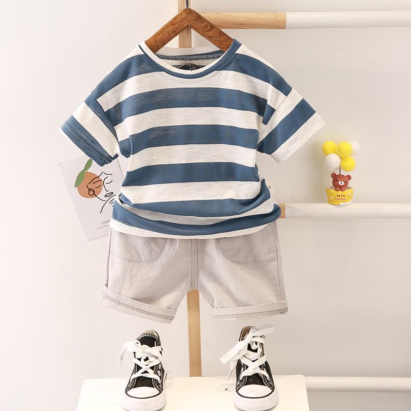 "Boys' 2023 Summer Striped Short-Sleeve Two-Piece Suit - Korean Style Trendy Casual Outfit"