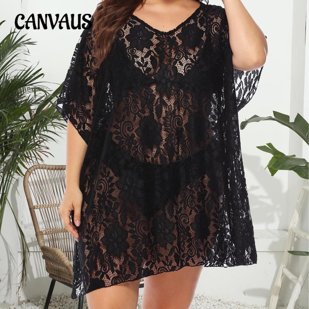 Plus Size Women's Sexy Lace Hollow Out See Through V-Neck Split Beach Dress Cover-ups
