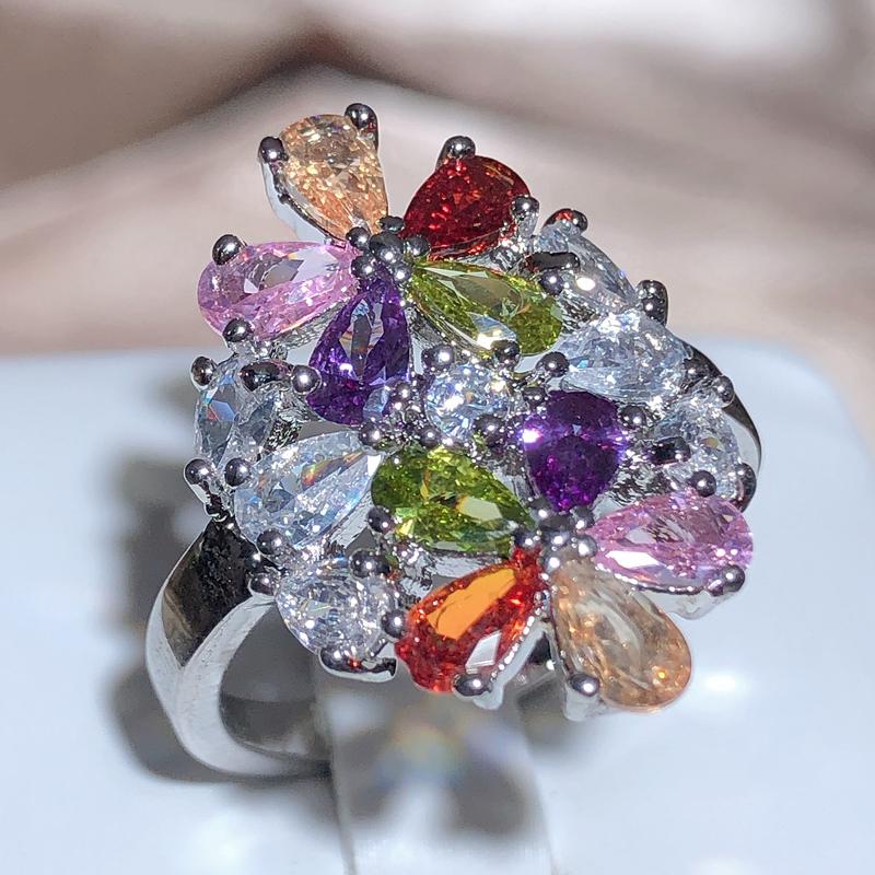 Блестящее кольцо в форме цветка с инкрустацией белым кристаллом циркония серебристого цвета для женщин, свадебные украшения и аксессуары для вечеринок