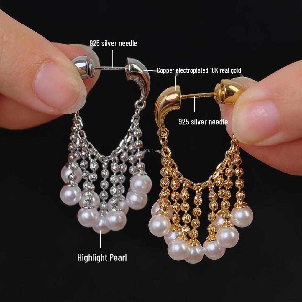 Elegant French Tassel Pearl Earrings - Luxurious Women's Studs 2025 New
