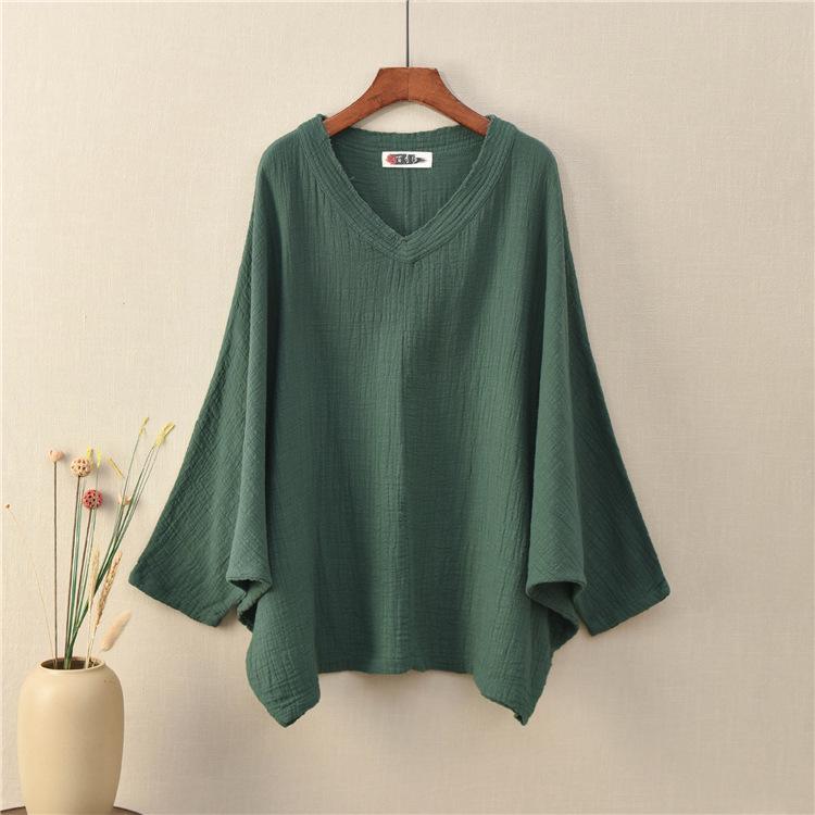 2025 Spring/Summer Women's Chinese Retro Slimming V-Neck Cotton/Linen Bat Sleeve T-Shirt