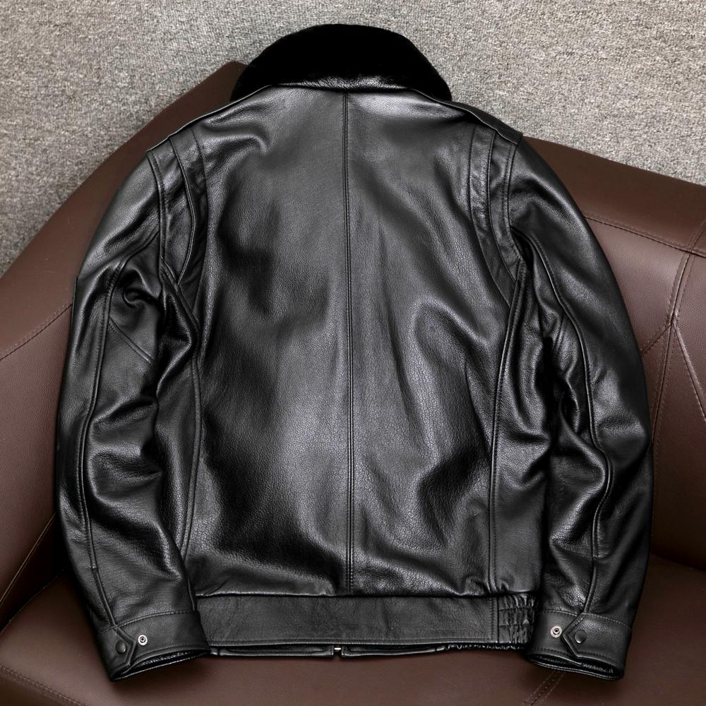 New Genuine Leather Jacket Men Real Cowhide Fur Collar Flight Coat Winter Padded Jacket