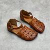 Retro Handwoven Genuine Leather Women's Shoes Round Toe Soft Bottom Buckle Casual Sandals
