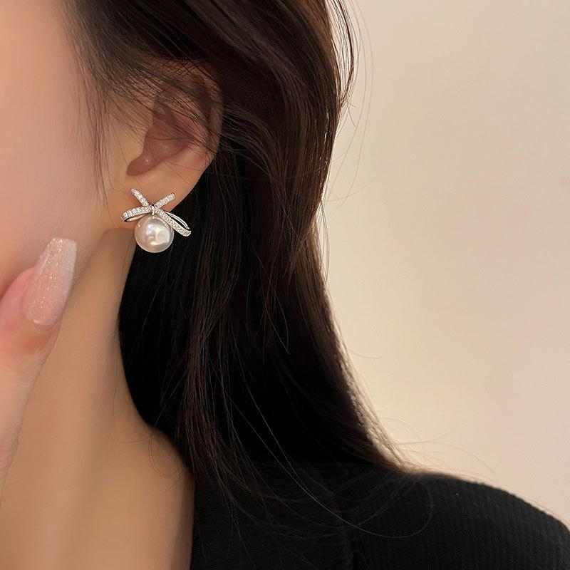 Серьги-бантики с жемчугом в стиле ретро, французские бриллианты, сладкий темперамент, элегантные серьги Niche