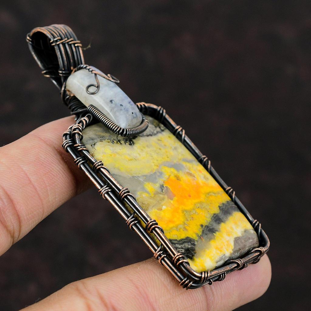 Bumble Bee Jasper Copper Wire Wrapped Pendant Rainbow Moonstone Pendant Copper Jewelry Gemstone Handmade Pendant Wire Wrapped Stone Jewelry