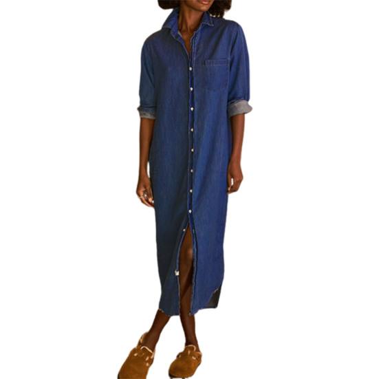 Женское повседневное джинсовое платье-рубашка с длинным рукавом и пуговицами, длинное джинсовое платье с отворотом