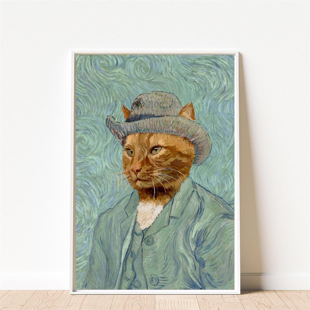 Cat With Pearl Earring Print Mona Lisa Cat Classic Art Cat Poster Renaissance Style Wall Art Parody Cat Canvas Painting Decor