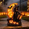 Magical Tabletop Sculpture Halloween Witch on Crescent Moon Decorative Light, Gothic Resin Ornament Lamp, Figurine for Home Spooky Seasonal