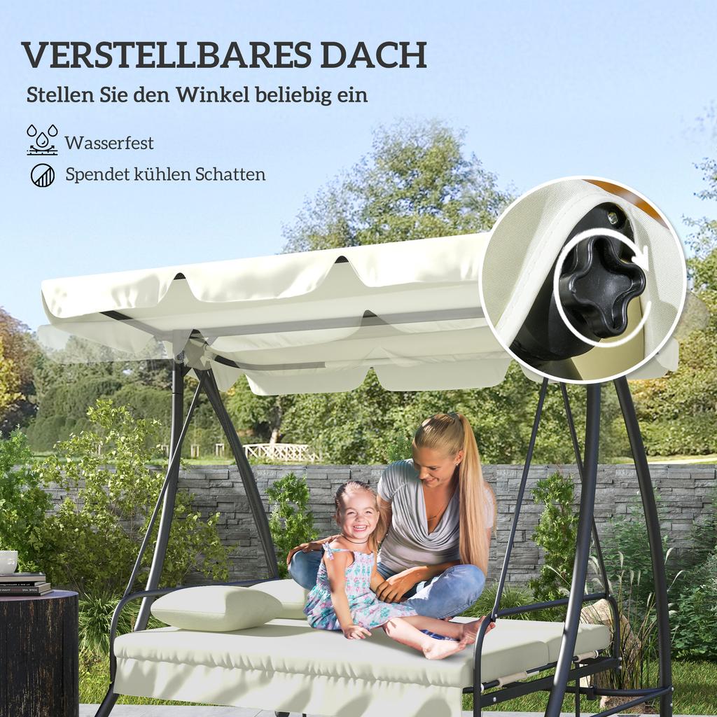 3 Seater Garden Swing Chair with Tilting Canopy - Cream White