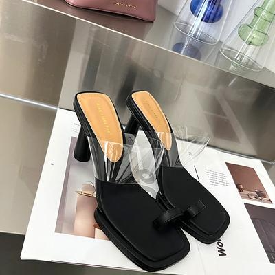 Премиальные сандалии с квадратным носком, толстым каблуком и высоким каблуком, женские летние сандалии-мюли с прозрачными крутыми шлепанцами, женская уличная обувь