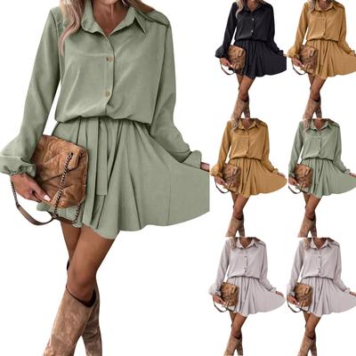 Женская мода Тонкие однотонные платья с воротником-рубашкой на пуговицах и длинными рукавами