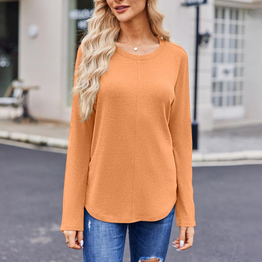 Women's Fashion Solid Color Round Neck Long Sleeve T-shirt Casual Autumn Tops