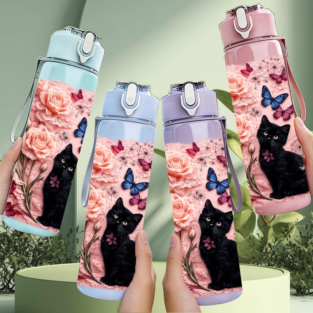 1PC Black Cat Rose Pink Floral Frame Print 750ml Color Plastic Sports Water Bottle Leakproof Flip Straw Lid Suitable for Sports Office Home Use