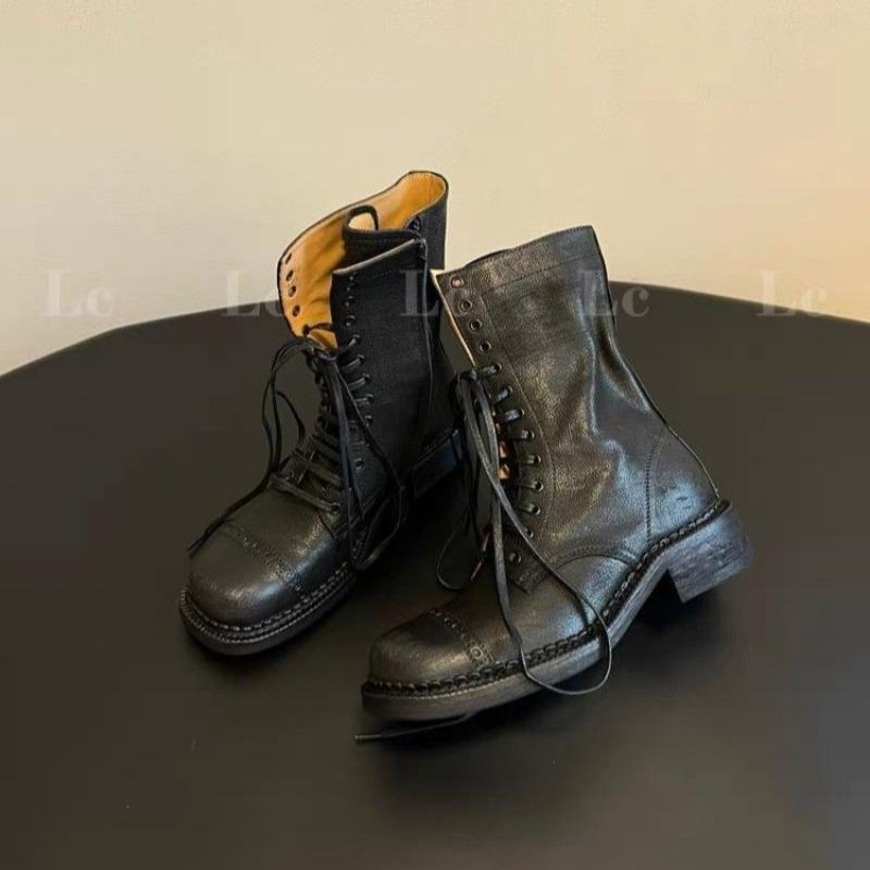 Женские ботильоны на шнуровке, ковбойские, мотоциклетные, трендовые, New Rock, панк, на низком каблуке, дизайнерская обувь, с круглым носком, кожаные ботинки