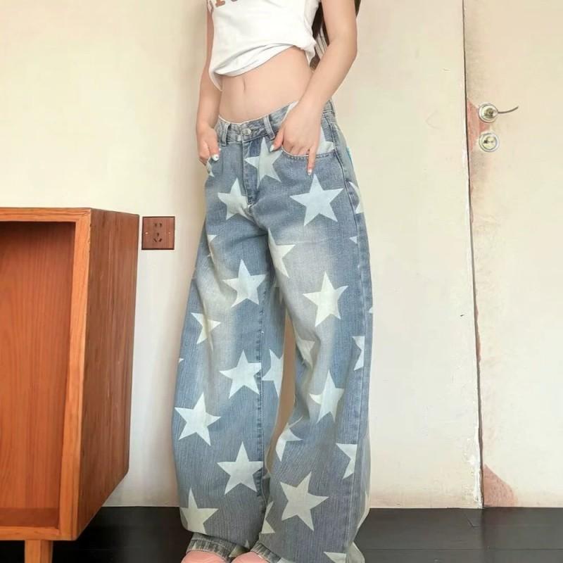 Washed Denim Jeans With Star Print Loose Fit Straight Leg Wide Tapered Men Women Streetwear Casual
