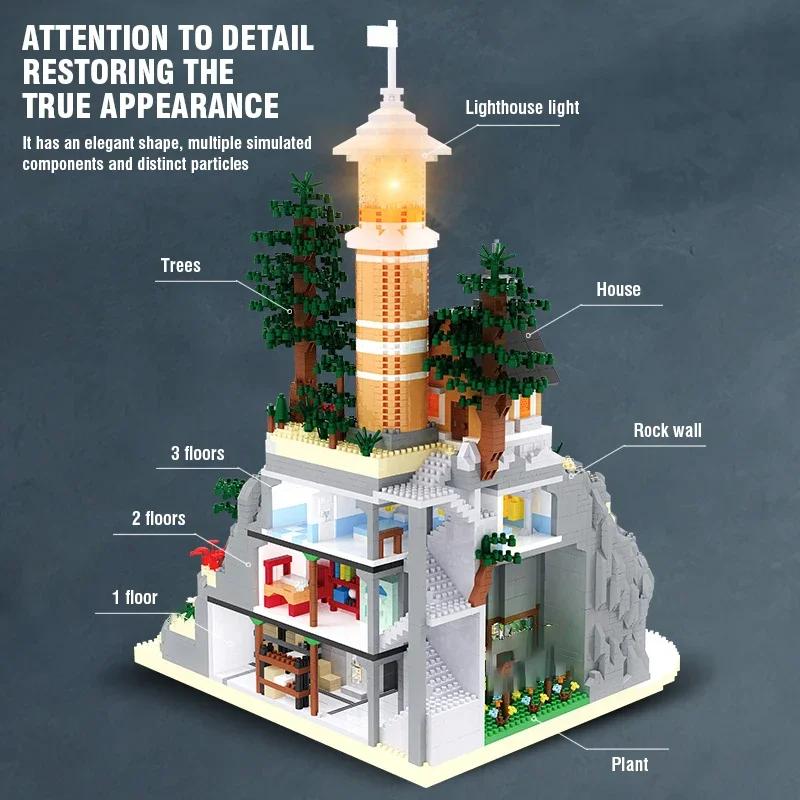 Non-Toxic 5100Stk Lighthouse Island Building Blocks Lighthouse Model Bricks With Light Kids Toys Christmas Gifts Assembly Architecture Set