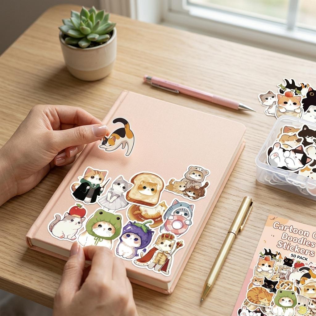 50Pcs Cartoon Cat Stickers PVC Waterproof DIY Decorative Stickers For iPad Luggage Notebook