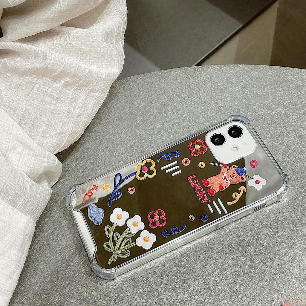 Чехол для телефона с мультяшным медведем: Совместимо с iPhone 16 Plus, Apple 15, Huawei P30/40, Honor 90. Зеркальный дизайн.
