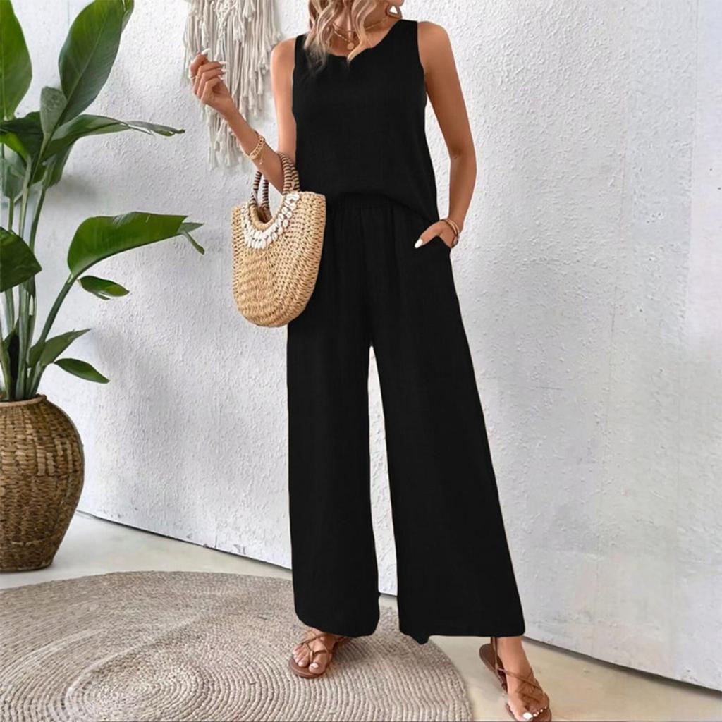 Женский свободный повседневный летний комплект без рукавов с однотонным кружевом и ажурной спинкой