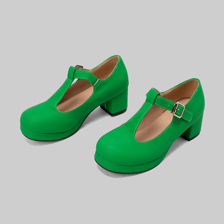 Женские туфли-лодочки на толстом высоком каблуке с круглым носком и Т-образной завязкой с пряжкой для вечеринки, лаконичная модная весенне-осенняя обувь, белый, синий, зеленый, фиолетовый