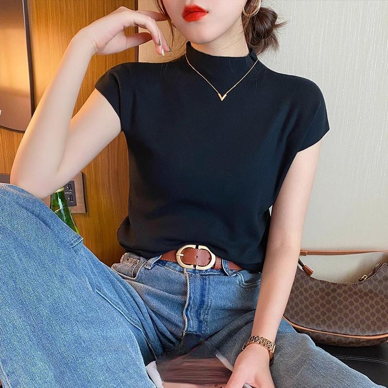 Летний базовый слой, Новая футболка с коротким рукавом, Женский трикотаж, Элегантный, Однотонный, Топ с открытыми плечами и средним воротником