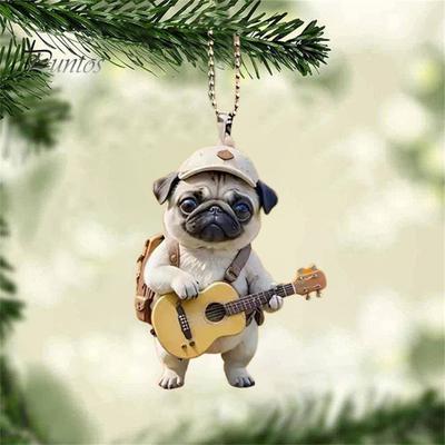 Гитара Собака Акриловые подвесные украшения для дома, комнатная рождественская елка, зеркало заднего вида автомобиля, 2D, плоский мопс, щенок, подвесное украшение, мультяшное животное, подвеска