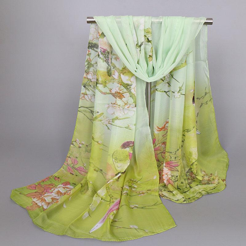 Scarves Natural Style Spring and Autumn Printed Flowers and Birds Rectangle Sun Protection Chiffon Scarf