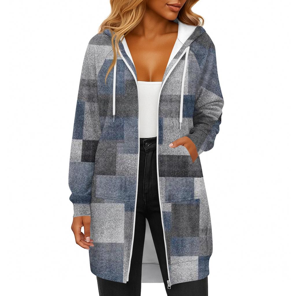 Women's Fashionable Printed Long Sleeved Drawstring Hooded Zipper Pocket Long Casual Sweatshirt Jacket
