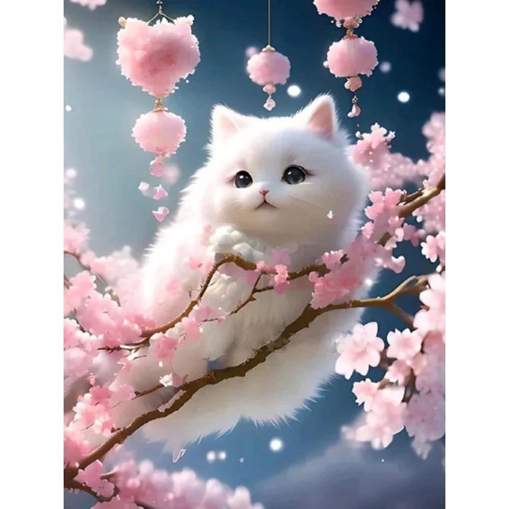 Алмазная картина, полная дрель, милый белый кот, квадратная круглая алмазная живопись, ручная работа, цветочный пейзаж, сделай сам, алмазная мозаика, картина, украшение дома