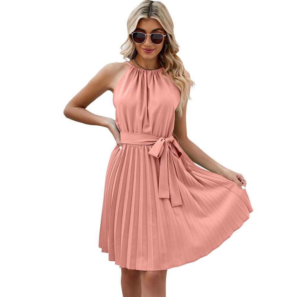 Летние платья для женщин, повседневные, с бретелькой на шее, без рукавов, со складками, на пуговицах сзади и с поясом