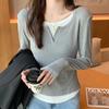 Fake Two-piece Design Sense Round Neck Long Sleeve T-shirt Autumn Women's Decoration Body Looks Thin Chic Top Base Shirt