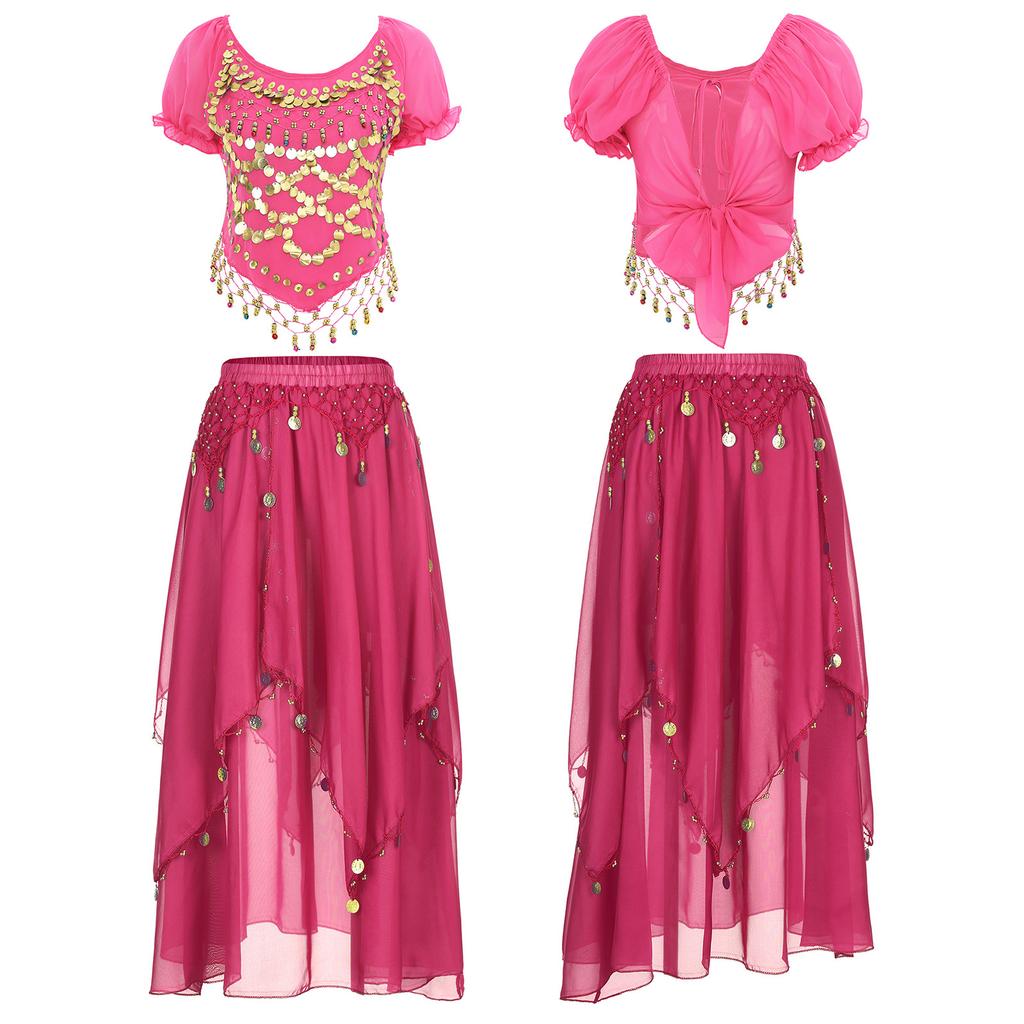 Женский комплект для танца живота с короткими рукавами-фонариками, расшитый пайетками, и юбка с неравномерным многоуровневым краем для сцены Хэллоуина