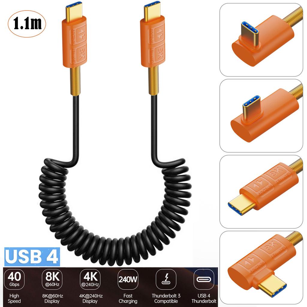 USB4 Type C Спиральный Кабель 240 Вт Поддержка Power Delivery Скорость Передачи Данных 40 Гбит/с Разрешение 8K 60 Гц