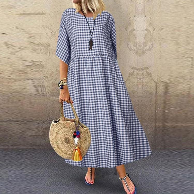 Women's Casual Literary Temperament Plaid Short-sleeved Round Neck Hem Dress